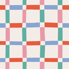 Colorful pastel gingham tartan check plaid seamless pattern. Vector blue, pink, green and red stripes on light background. Seamless design for gift paper, tablecloth, picnic blanket, pijamas and other