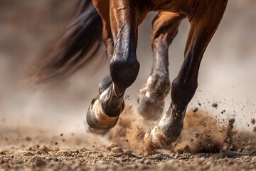 Close-up side view of a galloping horse’s legs, motion blur on hooves, dirt flying, neutral blurred background with copy space above.