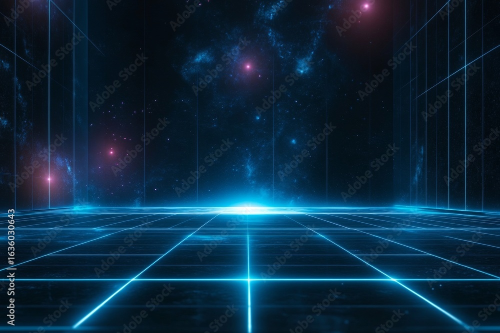 Poster futuristic neon grid with bright light rays in a sci-fi realm, abstract high-tech background design