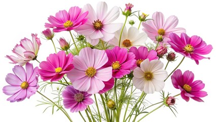 Obraz premium Beautiful arrangement of colorful Cosmos flowers against a crisp white background