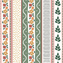 Hand-drawn boho rustic flower and vertical stripes seamless pattern. Cottagecore print aesthetic in sage green yellow and blush colors. Textile prints for fashion, home decor, wallpaper.  © sudevi