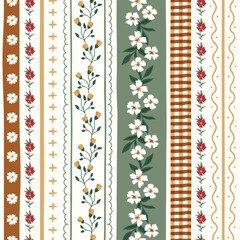 Hand-drawn boho rustic flower and vertical stripes seamless pattern. Cottagecore aesthetic design for fabric, wallpaper, home decor, and fashion textiles.