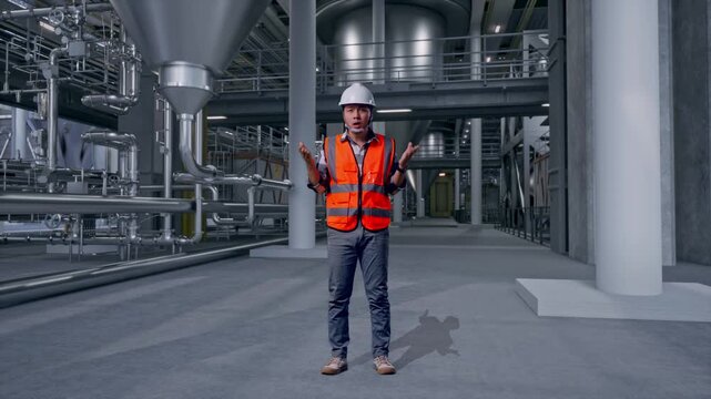 Full Body Of Wondering Asian Male Engineer With Safety Helmet Saying Why Working Doubtfully in Distillery Interior with Fermentation Tanks
