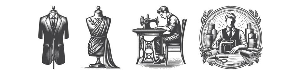 Vintage Hand-Drawn Man Tailor with Mannequin Illustration, Fashion Artisan Engraved Vector for Sewing and T-Shirt Design