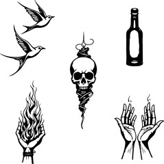Vintage Skull & Flame Tattoo Art Set" vector bundle graphics