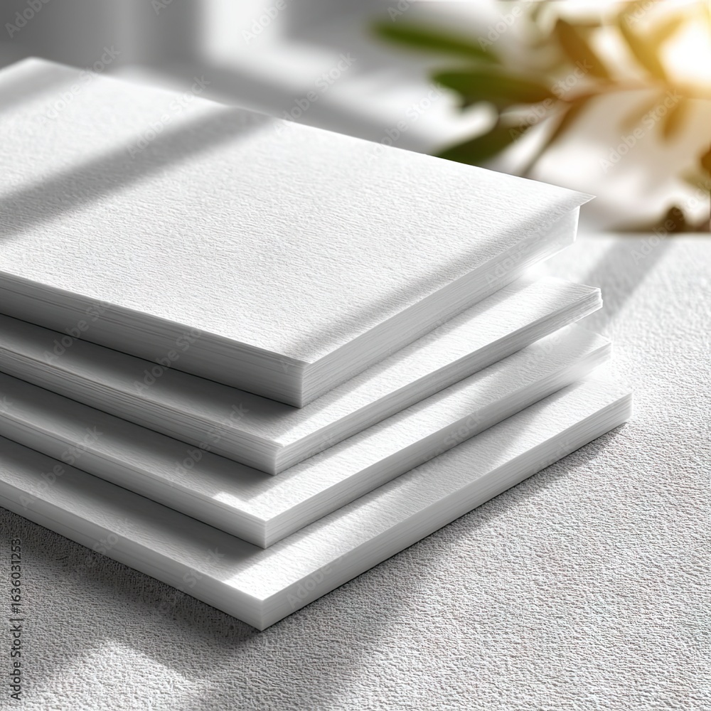 Poster close-up of a stack of white paper with soft light and shadows