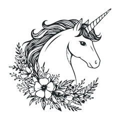 Majestic unicorn with floral design in black and white illustration. Vector illustration