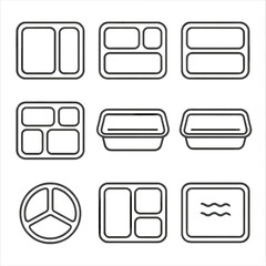 Meal Prep Tray Icons. Line vector icons of Meal prep trays: two-compartment tray, three-compartment tray, four-compartment tray,