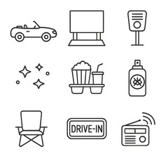 Drive-in Theater Icons. Line style icons of Drive-in Theater: convertible car, large outdoor screen, speaker post, night stars,