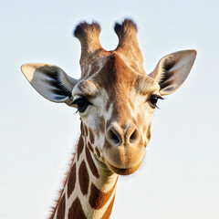 Majestic Giraffe Portrait: A striking close-up of a giraffe's face, showcasing its distinctive patterned coat, gentle eyes, and tall stature against a vibrant sky. 