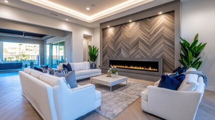 Fototapeta premium Modern living room with stylish furniture, elegant decor, and a cozy fireplace in a luxurious home setting