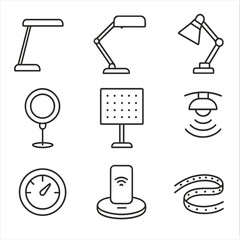 Obraz premium Task Lighting Icons. Line style icons of Task Lighting Solutions: LED desk lamp, adjustable arm lamp, clamp light, ring light,