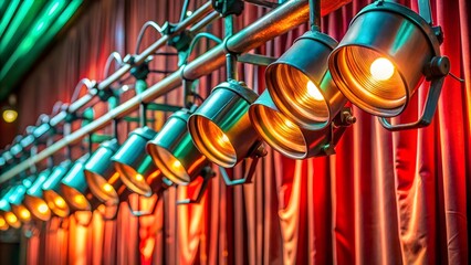 Closeup view of vintage stage spotlights illuminating a red curtain, creating a warm and inviting atmosphere