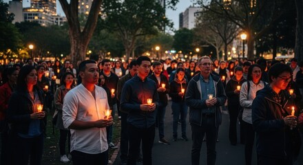 Obraz premium Crowd holds candles in a park at night, looking at the scene ahead