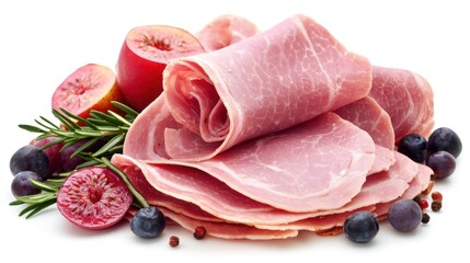 Cured ham slices, figs, blueberries, & rosemary sprigs on white background