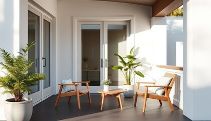 Minimalist porch of a contemporary home, featuring a small coffee table and two Scandinavian-style chairs, soft sunlight 2