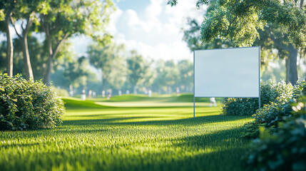 Blank banner or yardsign in golf course. blurred Golf players in the background. tournament is being played