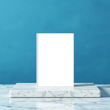 Blank book cover template standing on marbel counter against blue blurred background with soft shadows front view of magazine mockup book mockup Ultra realistic Photorealistic 
