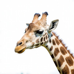 Obraz premium Graceful Giraffe: A striking portrait of a giraffe with its distinctive spotted coat and elegant features, gracefully presented against an open space setting.