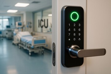 Modern icu door with digital lock and hospital room in background