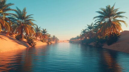 Desert oasis calm water flows between dunes dotted with palm trees, sunrise