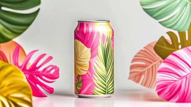 Refreshing Tropical Drink with Artistic Leafy Can Design, Perfect for Summer Vibes and Art Lovers.