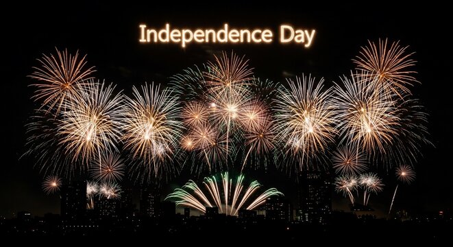 Spectacular Independence Day fireworks display illuminating the night sky above a silhouetted city.