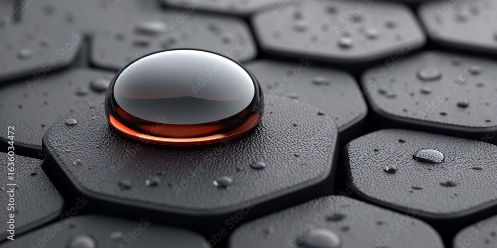 Poster stylish dark hexagonal pattern with glossy water droplets for high-resolution backgrounds