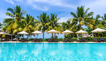 Wide panoramic tropical resort swimming pool with crystal-clear turquoise water sparkling under bright midday sun and palm trees