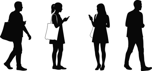 Silhouettes of men and women walking with shopping bags, using smartphones, urban lifestyle, modern city people, communication concept, digital technology, casual clothing,