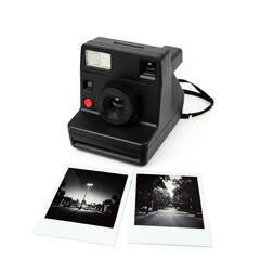 Retro-style instant camera with two black-and-white printed photos, isolated on white background, perfect for nostalgia and analog photography themes.