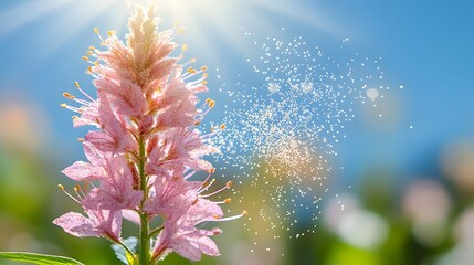 Beautiful pink flower releasing pollen into the sunlight on a clear day in a vibrant garden