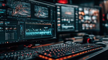 Obraz premium Dual computer setup shows video editing software, keyboard glow