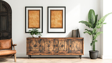 Blank poster frame mockup on white wall living room with wooden sideboard with small green plant
