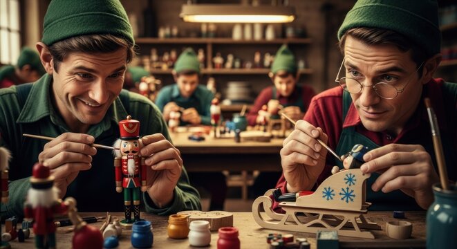 Elves craft holiday toys in cozy workshop