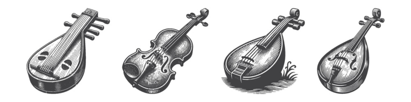 Vintage Hand-Drawn Lute Illustration, Medieval String Instrument Engraved Vector for Music and T-Shirt Design