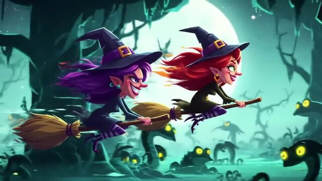 Two cartoon witches on a magical Halloween adventure, flying on broomsticks through a spooky swamp under a full moon.