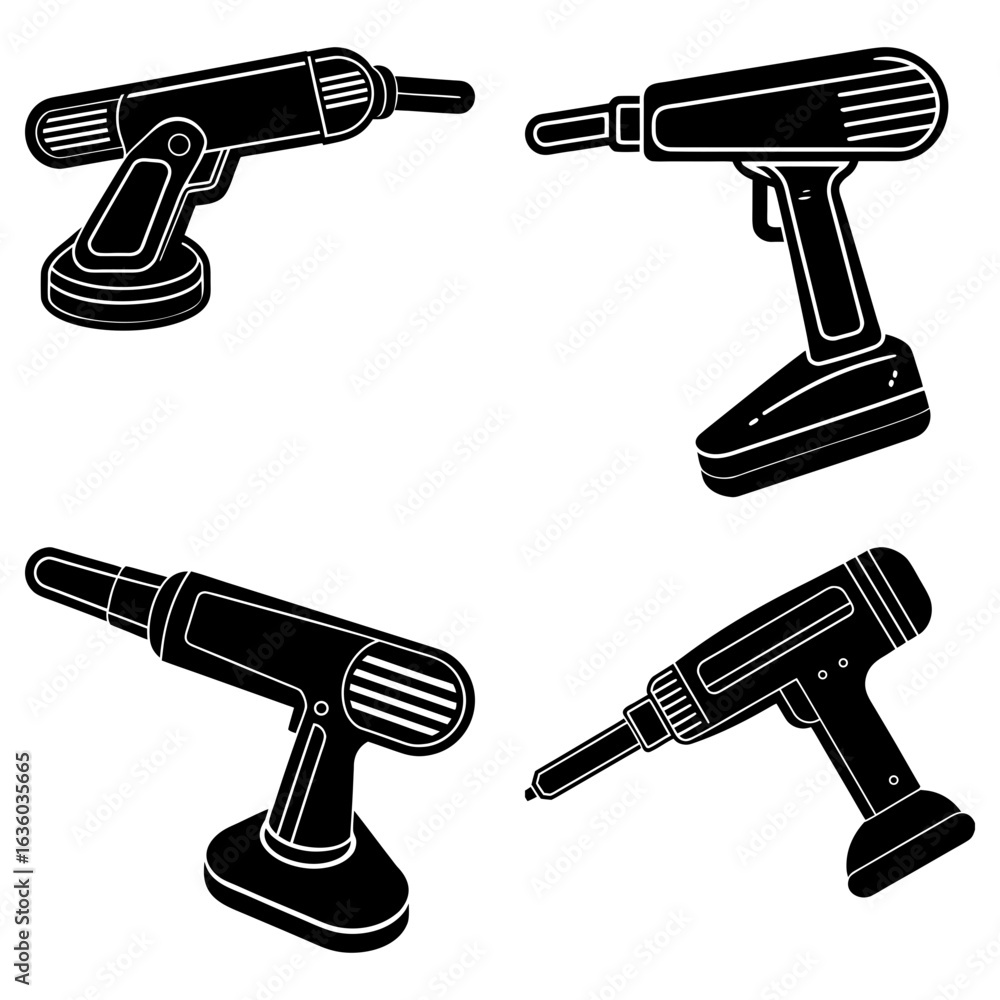 Poster four black and white illustrations of different types of drills on a white background in a vector fo
