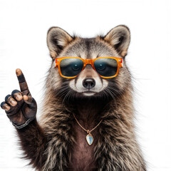 Raccoon with Sunglasses: A mischievous raccoon sports stylish sunglasses and a pendant necklace, pointing a finger as if making a crucial point, blending humor with the wild.