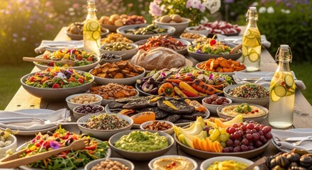 Feast on long wooden table loaded with vibrant, healthy, delicious food