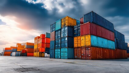 Fototapeta premium Colorful Shipping Containers Stacked Under Dramatic Sky at Sunset