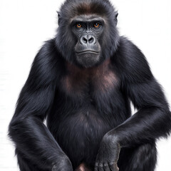 Fototapeta premium Majestic Gorilla Portrait: A powerful gorilla, with its dense black fur, gazes directly at the viewer, capturing its intense gaze, and revealing the spirit of the great ape in sharp focus.