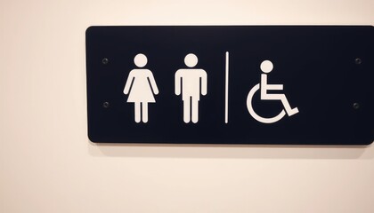 Minimalistic public restroom sign on a wall showing male, female, and accessible toilet symbols, clean and clear design