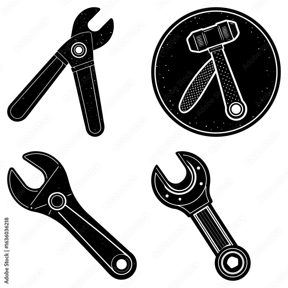 Poster illustration of a set of tools including wrenches and a hammer in a circular frame design element