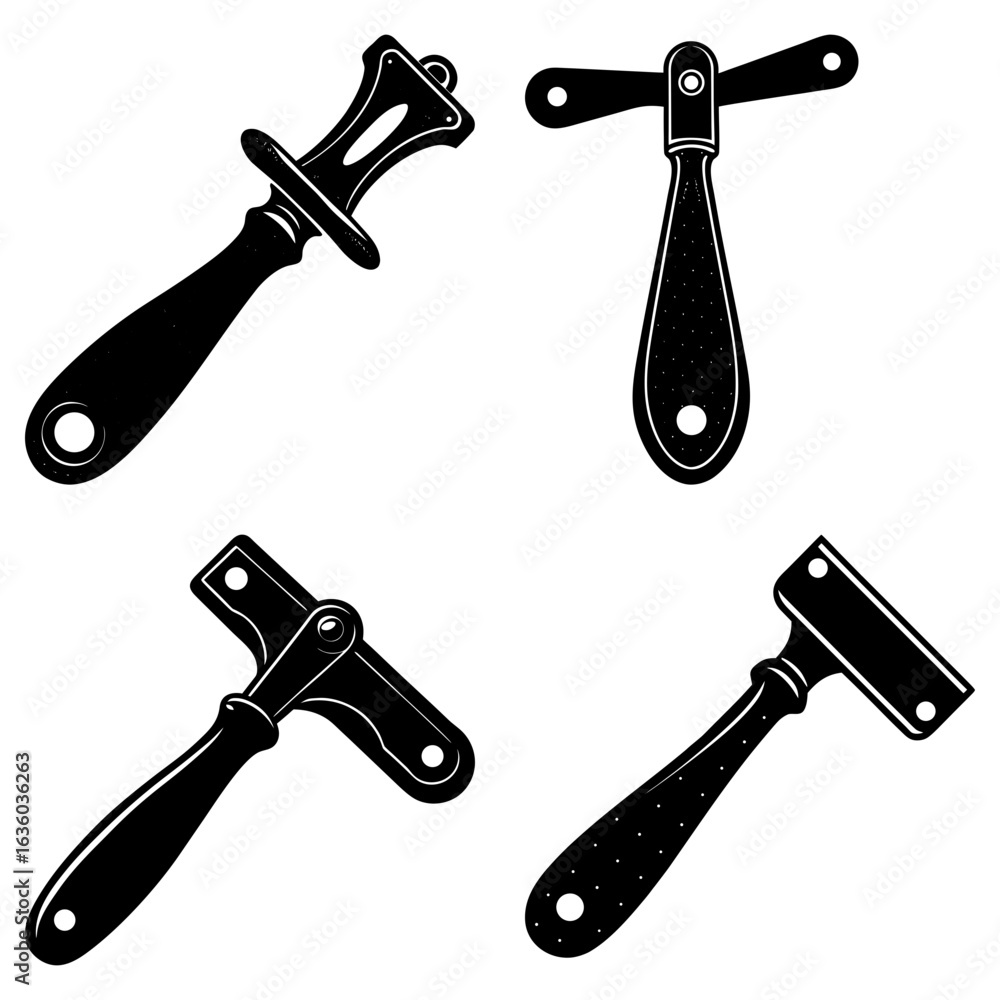 Poster four black and white cheese slicers in different styles and orientations on a white background desig