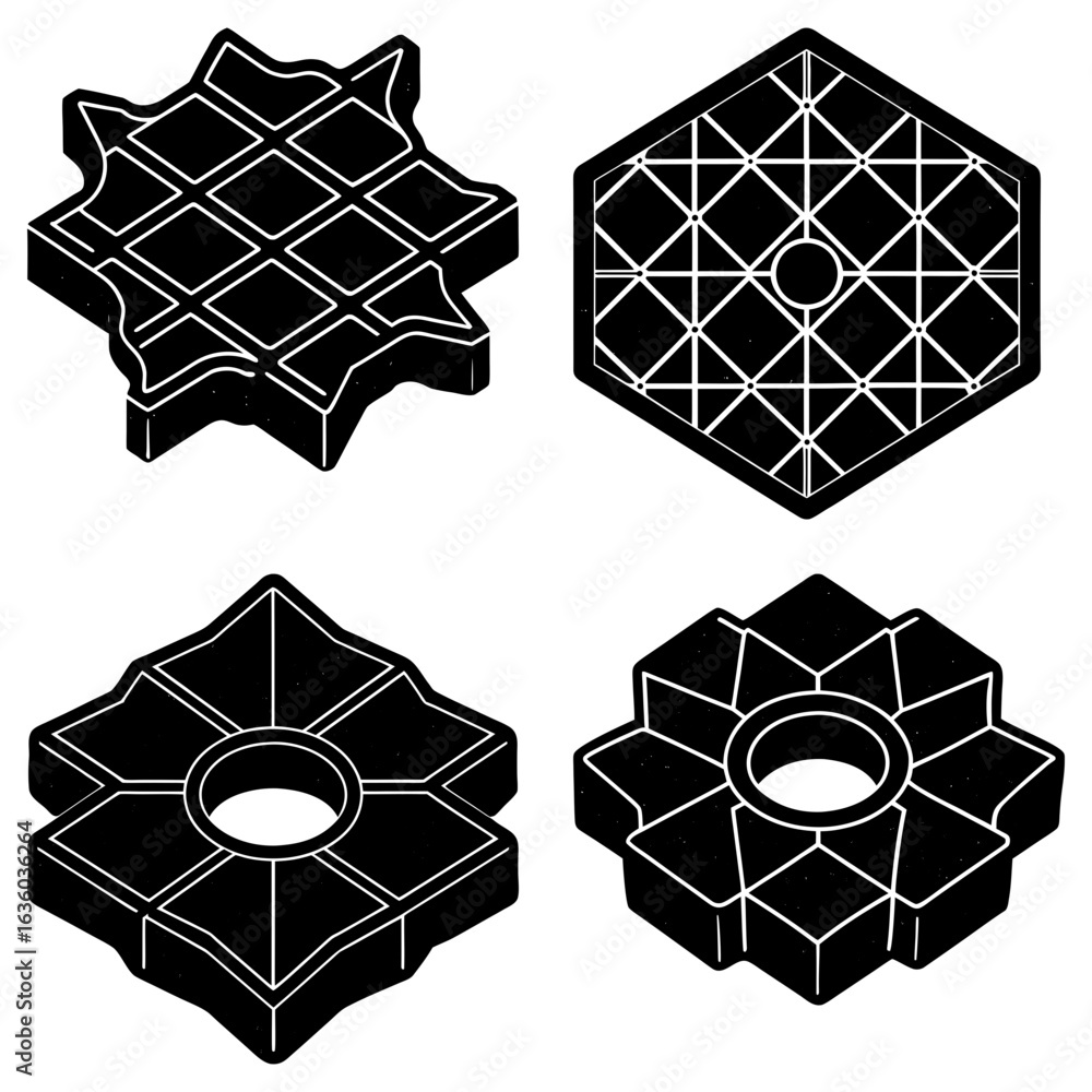 Poster isometric view of four unique geometric shapes with distinct grid and radial patterns in black and w