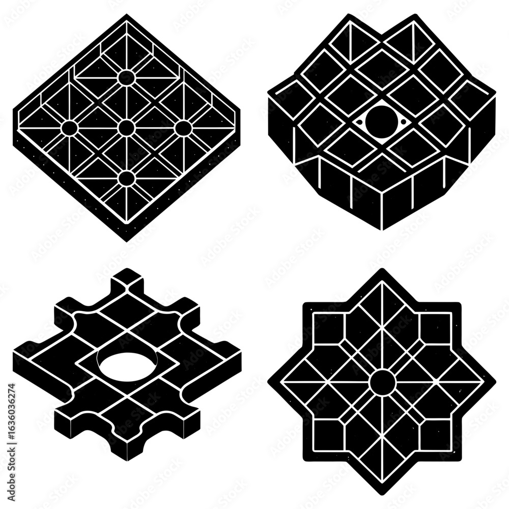 Poster isometric black and white geometric shapes with grid patterns and circular elements in a collage lay