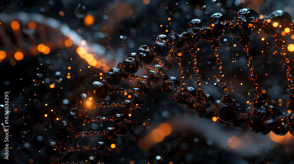 Aufkleber dna double helix rotating in a microscopic environment with glowing particles