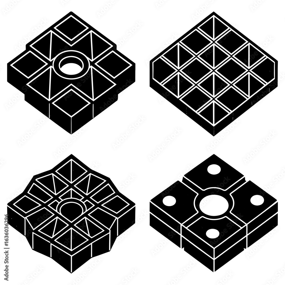 Poster isometric view of four different square blocks with unique geometric patterns and shapes in black an
