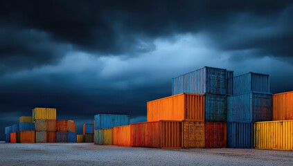 Colorful Shipping Containers Under Dark Stormy Sky